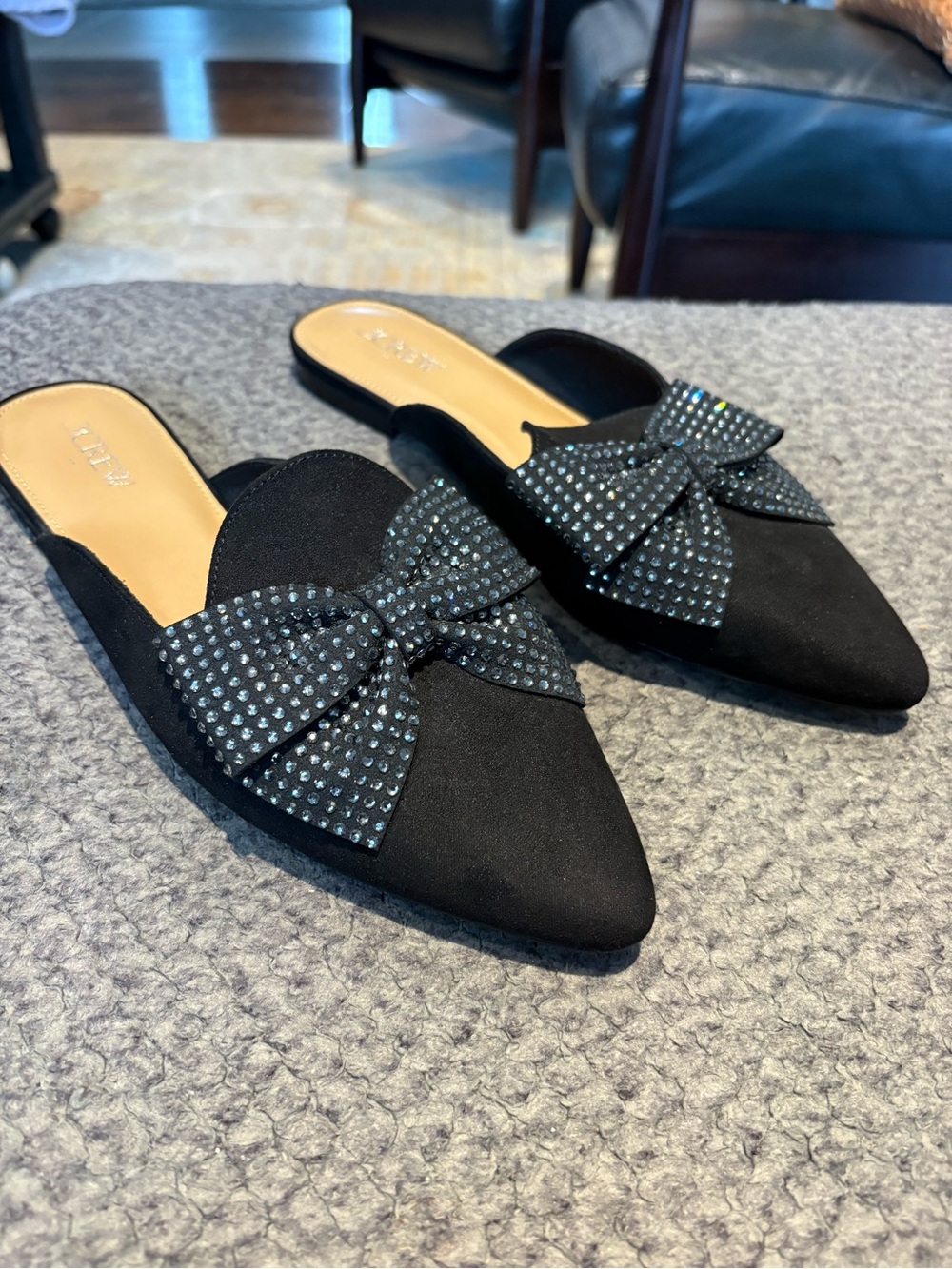 J. Crew Black Embellished Bow Mule Flats